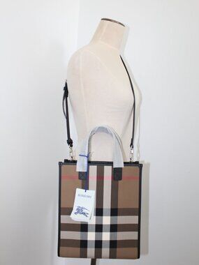 NWT Burberry Taupe Brown IP Check Book Tote Crossbody Shoulder Bag